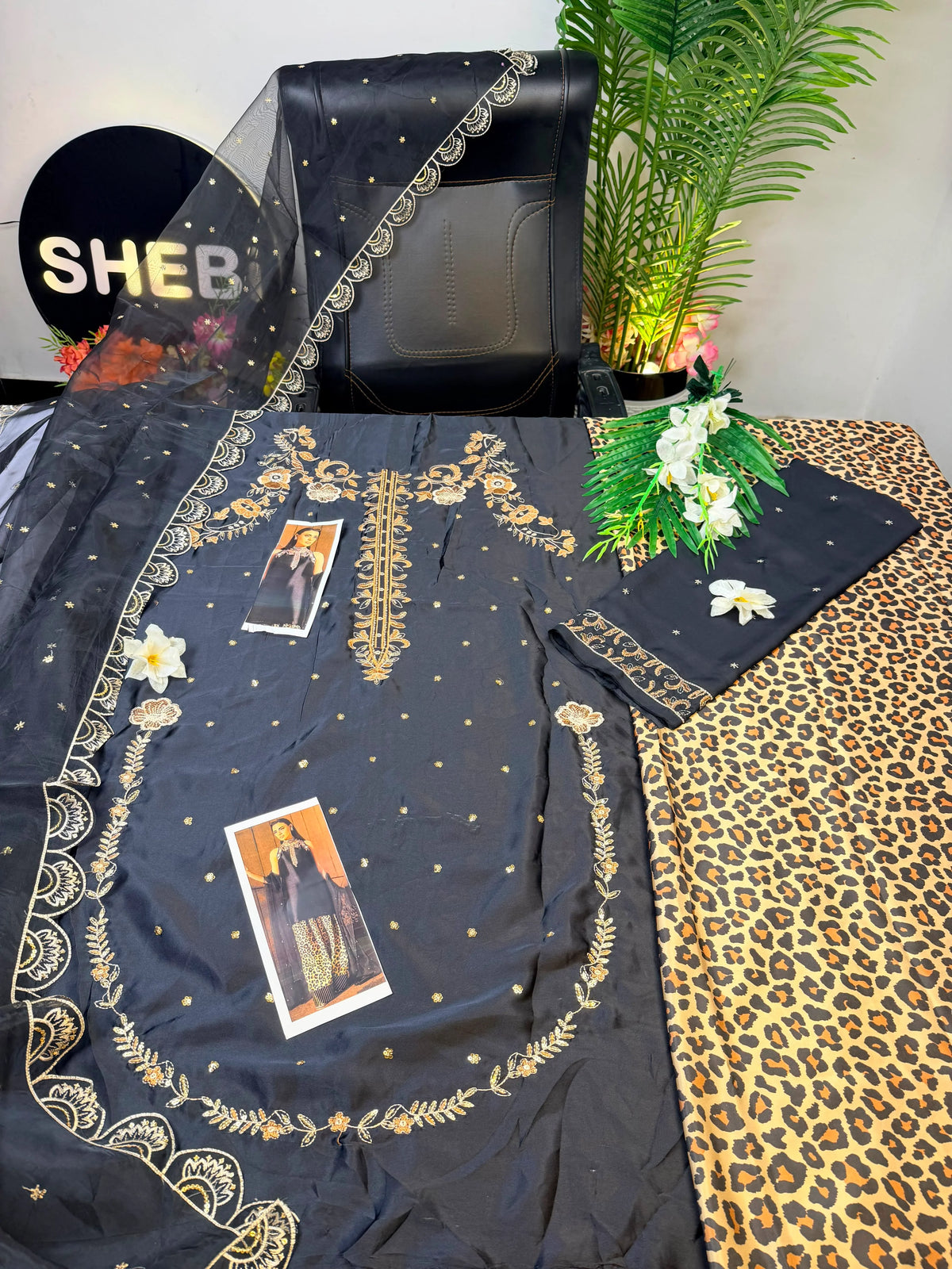 3 piece black silk shirt with gold embroidery|E95