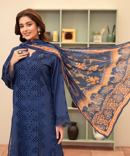 Navy blue embroidered Chikankari lawn|E60