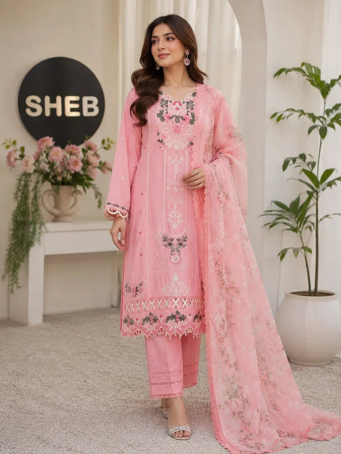 Pink 3-piece suit embroidery on the lawn fabric|E 90