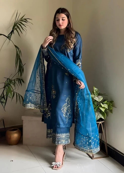 Blue Silk Embroidery Suit|E98