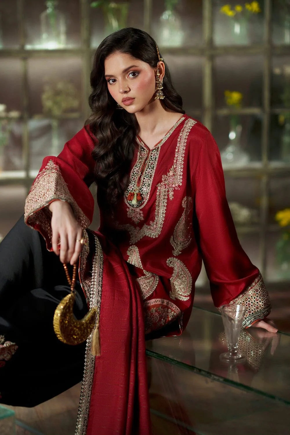 Cherry red embroidered Silk suit|E97