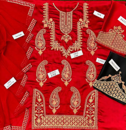 Cherry red embroidered Silk suit|E97