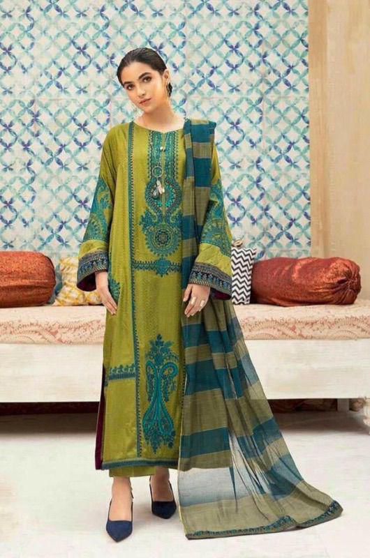 3-Piece Embroidered Lawn Dress with Printed Chiffon Dupatta"