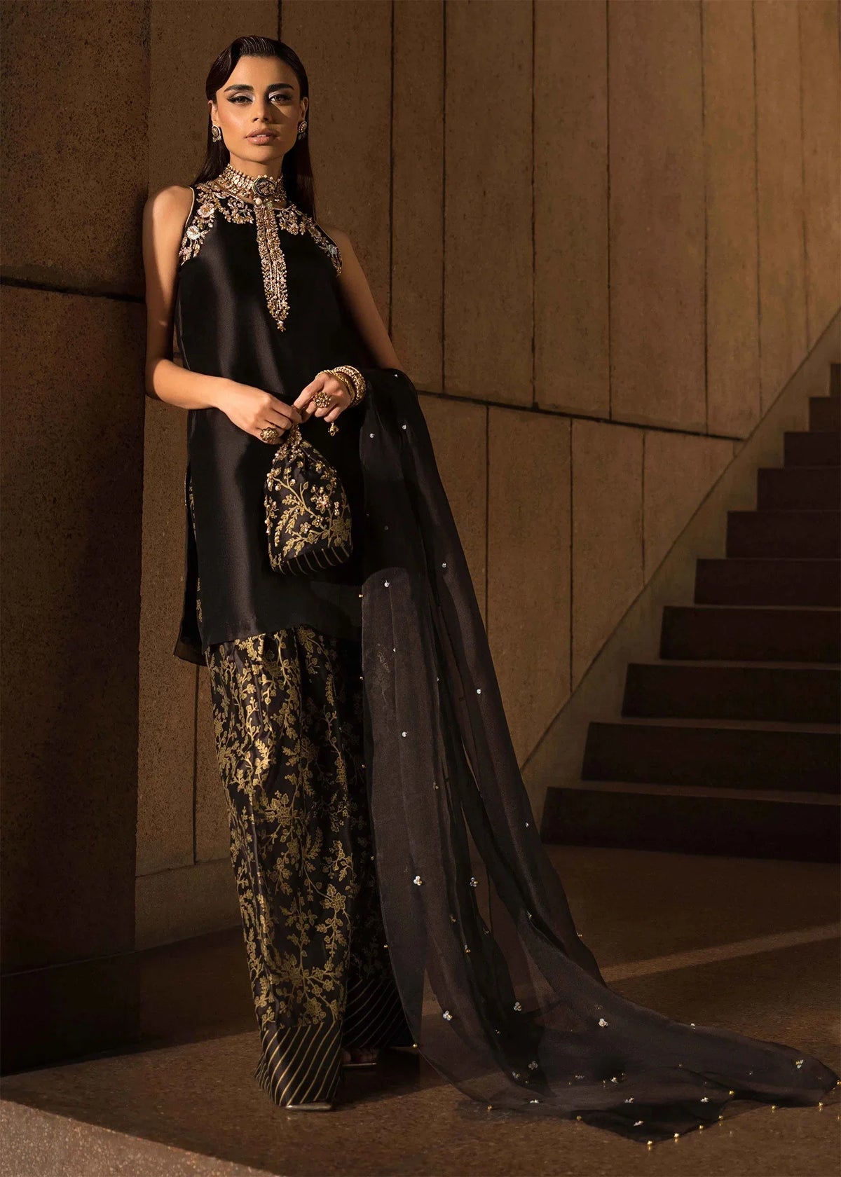 3 piece black silk shirt with gold embroidery|E95