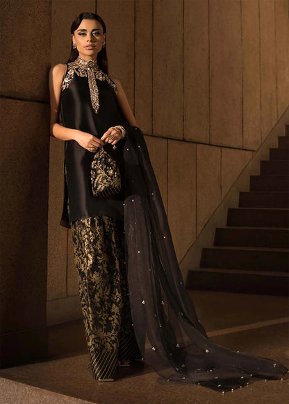 3 piece black silk shirt with gold embroidery|E95