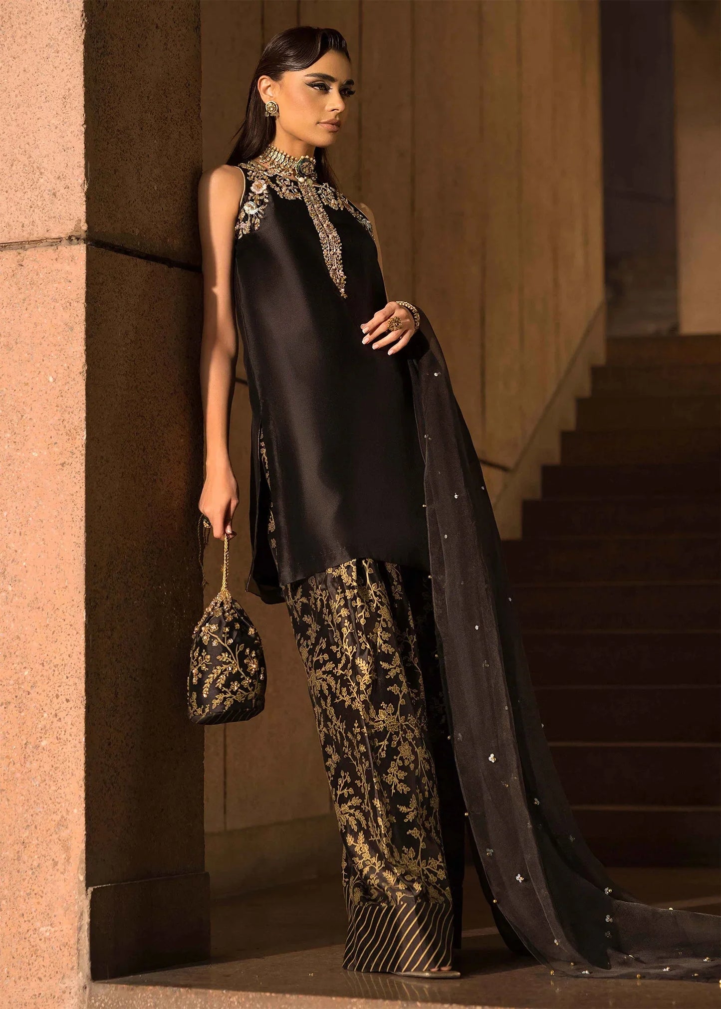 3 piece black silk shirt with gold embroidery|E95