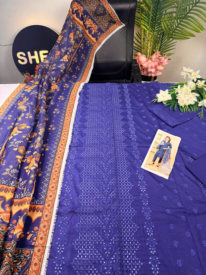 Navy blue embroidered Chikankari lawn|E60