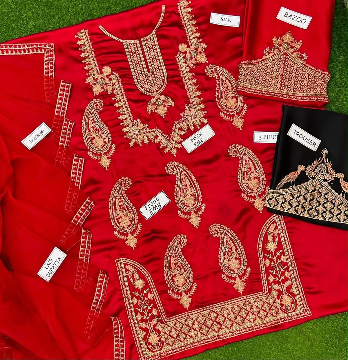 Cherry red embroidered Silk suit|E97