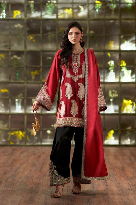 Cherry red embroidered Silk suit|E97