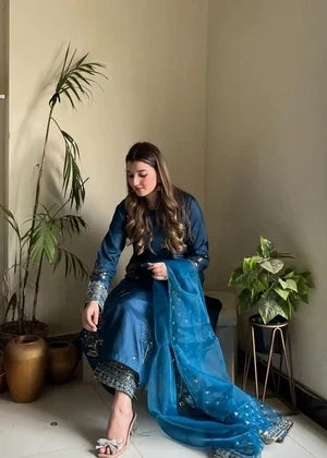 Blue Silk Embroidery Suit|E98
